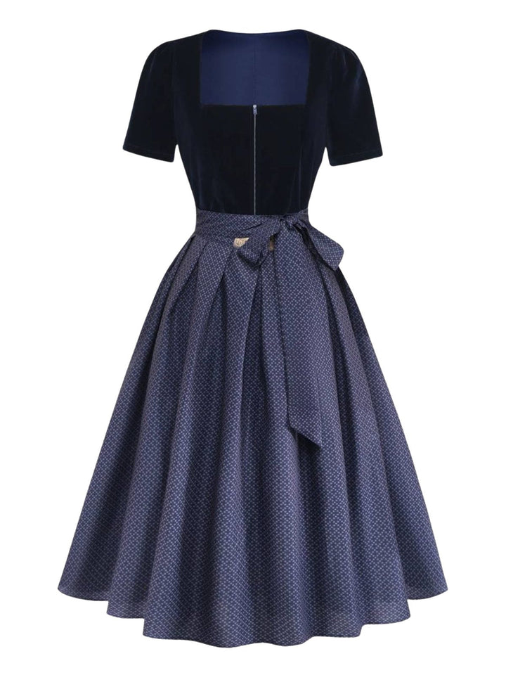 2PCS Blue 1950s Square Neck Velvet Dress &amp; Polka Dot Apron