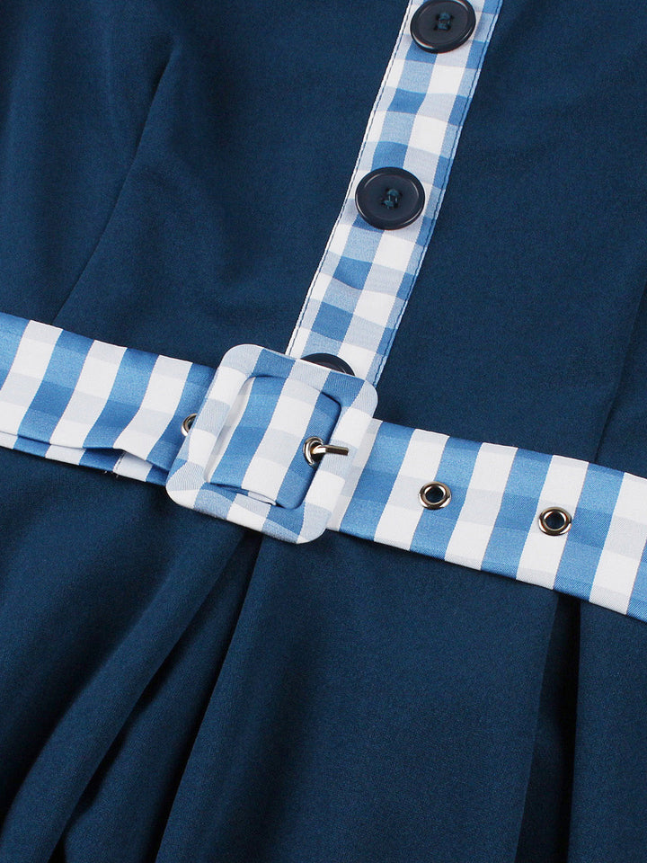 Dark Peacock Blue 1950s Plaid Patchwork Dress 5