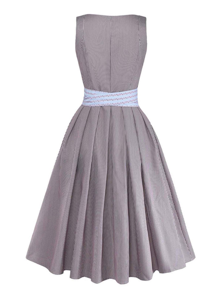 Brown 1950s Floral Striped Vintage Dress 3