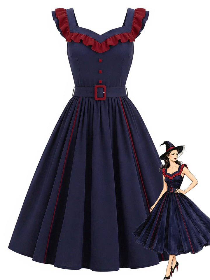 [Pre-Sale] Dark Blue 1950s Ruffle V-Neck Belted A-Line Dress