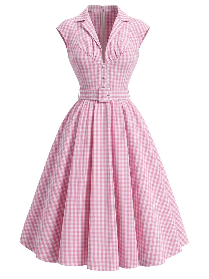 [Pre-Sale] Peach Pink 1940s Plaid V Neck Dress 2
