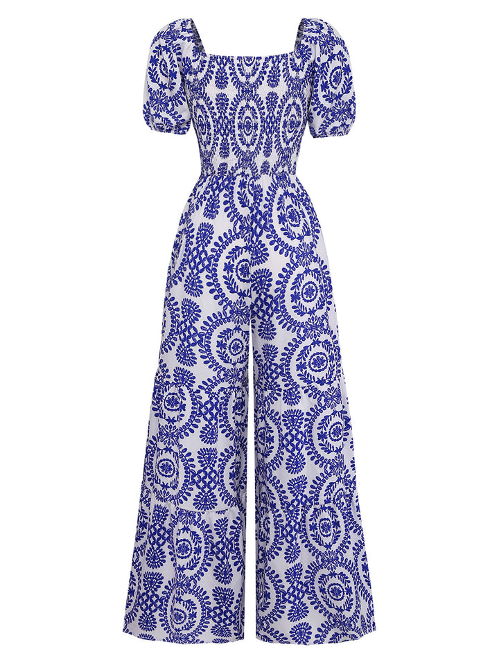 Blue 1950s Floral Vintage Classic Jumpsuit