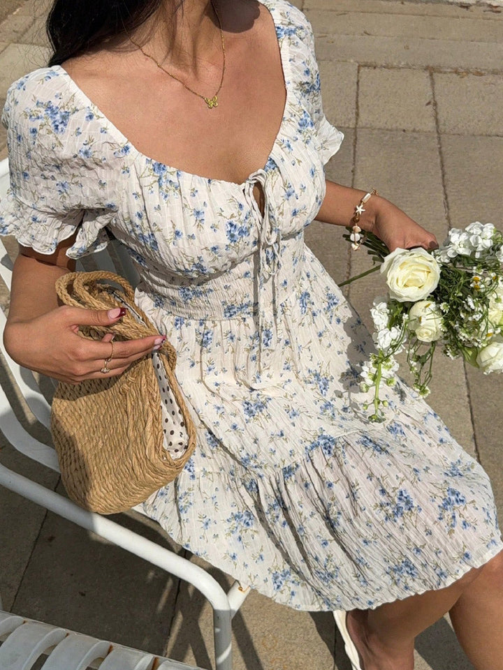 1950s Floral Square Neck Ruffle Dress 4