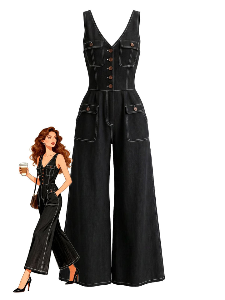 1960s V Neck Denim Vintage Jumpsuit 2