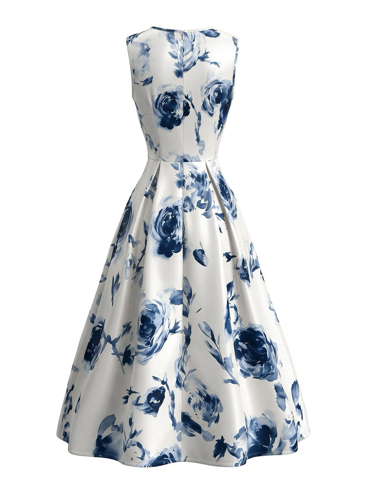 1950s Round Neck Roses Sleeveless Midi Dress, vintage dress, retro fashion, rockabilly, pin-up fashion - perfect for women who love vintage and retro fashion