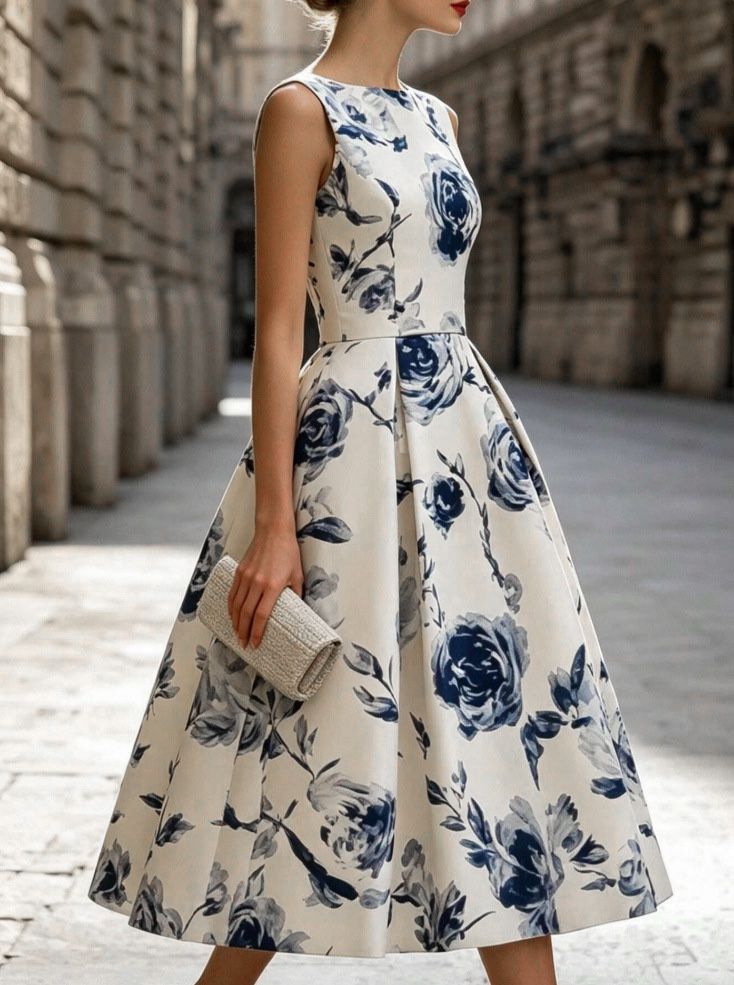 1950s Round Neck Roses Sleeveless Midi Dress, vintage dress, retro fashion, rockabilly, pin-up fashion - perfect for women who love vintage and retro fashion