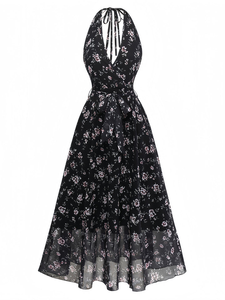 Black 1940s Floral Halter Vintage Dress 3