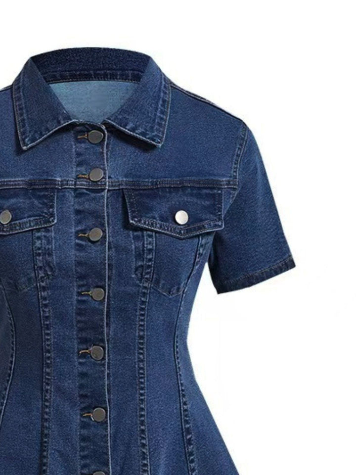 Blue 1950s Button Lapel Short Sleeve Denim Dress