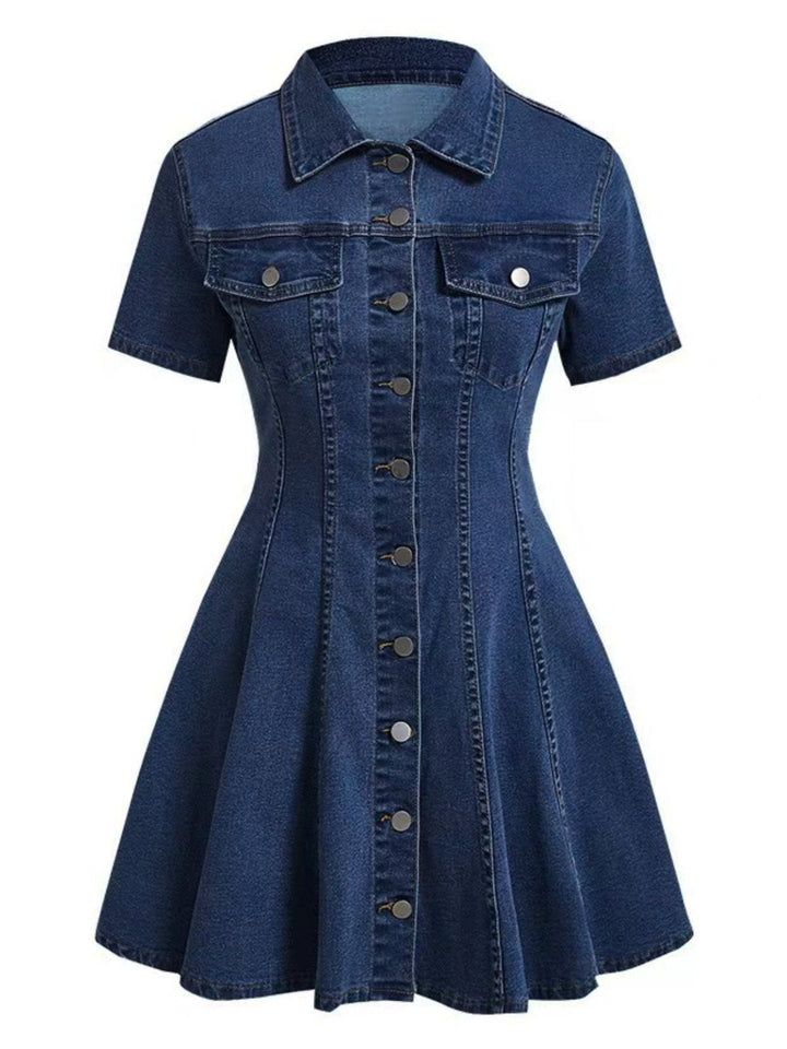 Blue 1950s Button Lapel Short Sleeve Denim Dress