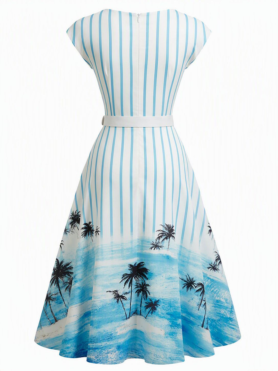 Blue 1950s Striped Palm Tree Print Swing Dress with Pockets, vintage dress, retro fashion, rockabilly, pin-up fashion - vintage inspired fashion