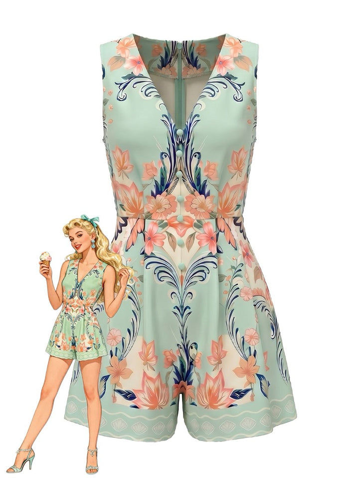 [Pre-Sale] Ice Green 1950s Floral V Neck Jumpsuit