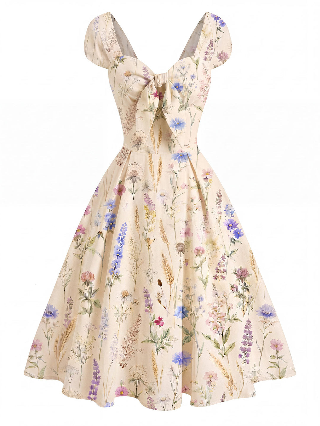 [Pre-Sale] Cream Color 1950s Floral Bow Dress
