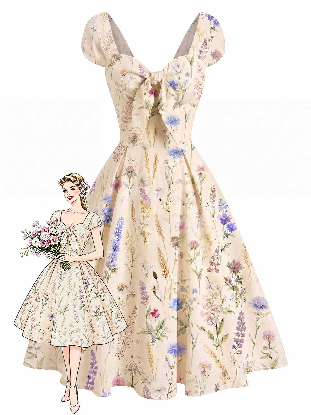 [Pre-Sale] Beige 1950s Sweetheart Neck Wildflower Bow Dress
