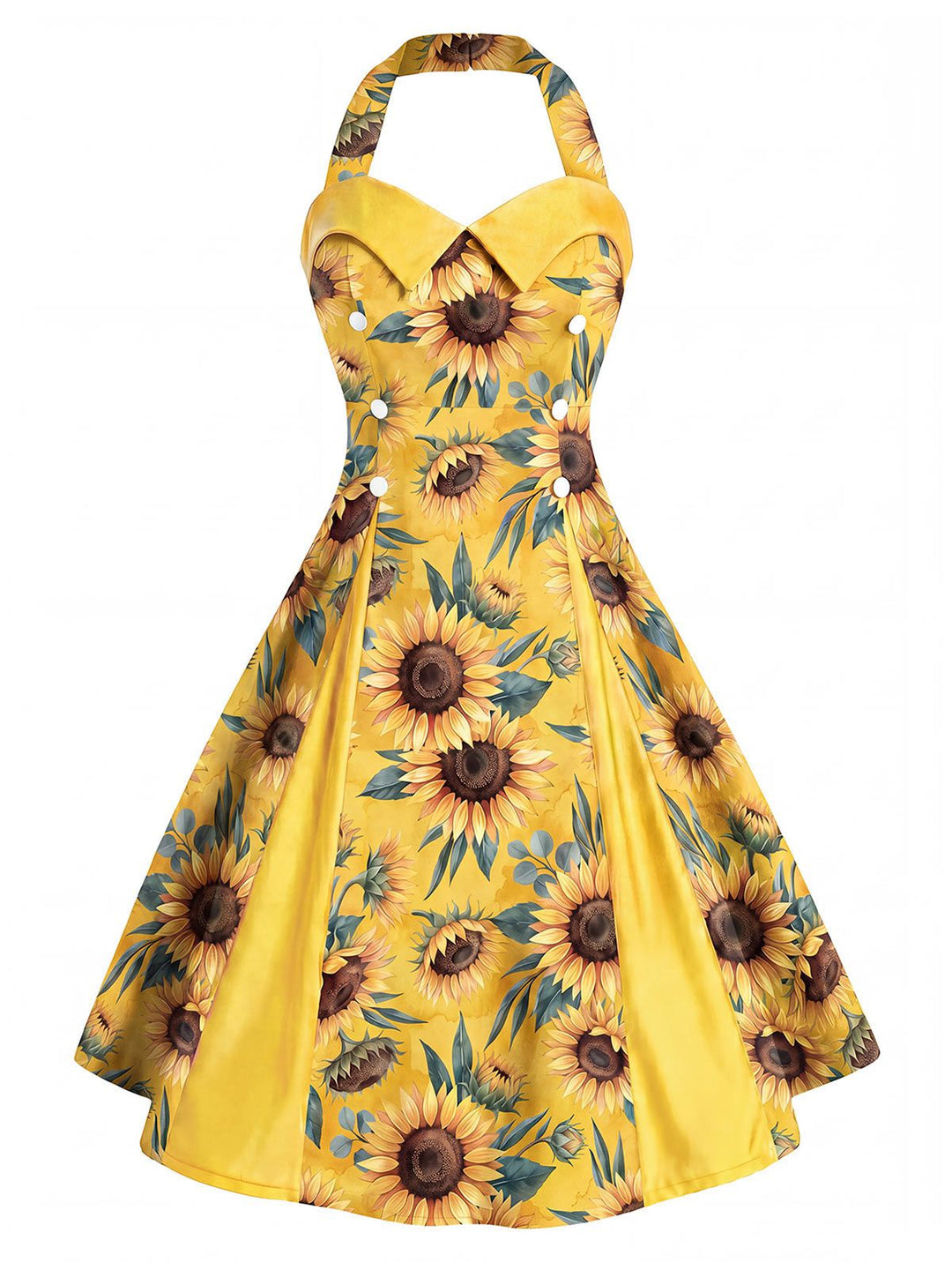 [Pre-Sale] Yellow 1950s Sunflower Halter Box-Pleat Dress