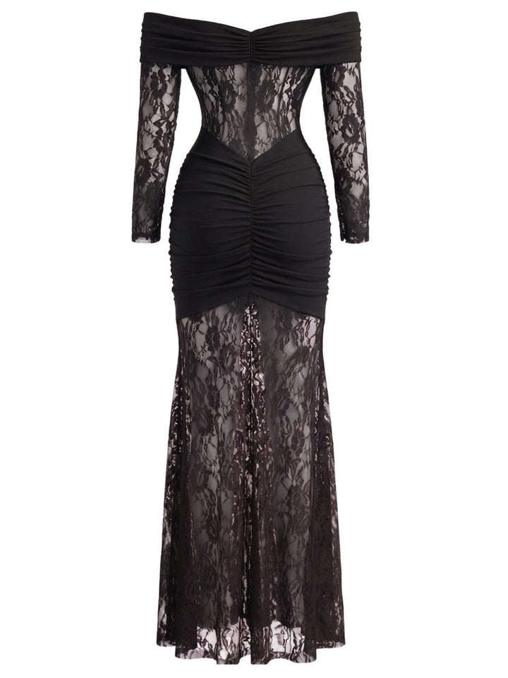 Lace Off Shoulder Ruched Maxi Dress