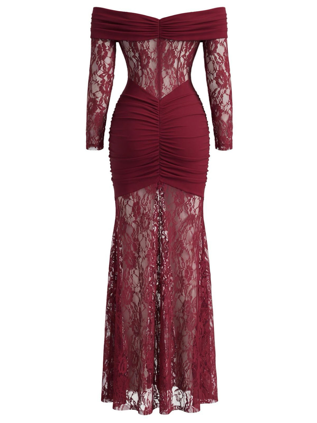 Lace Off Shoulder Ruched Maxi Dress