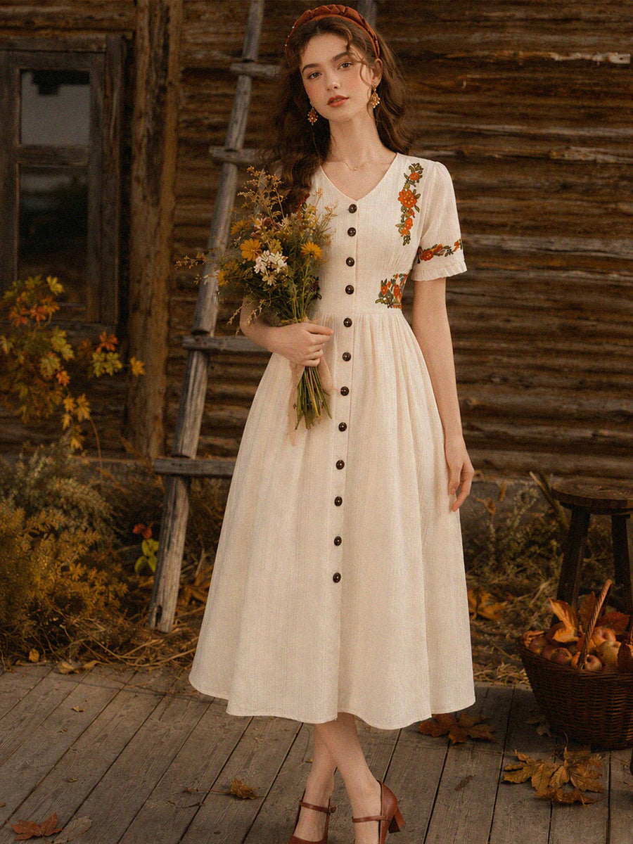 Pure Cotton Beige V-neck Floral Dress SCHL004774_BE AI model