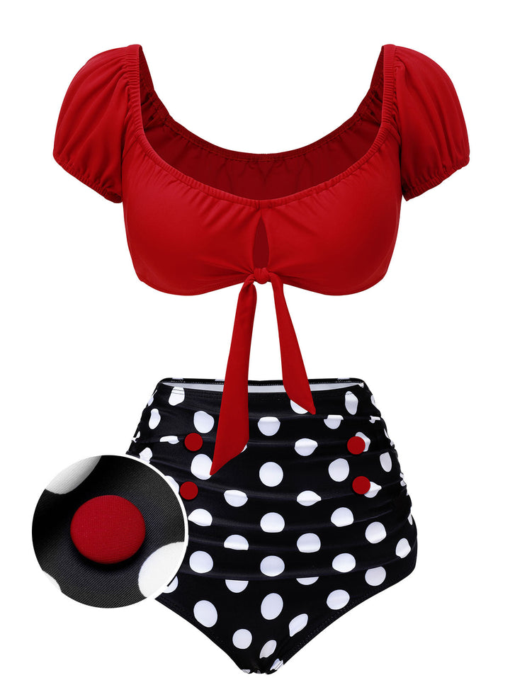 1950s Red &amp; Black Polka Dot Halter Swimsuit, vintage swimsuit, pin-up swimwear - perfect for women who love vintage and retro fashion