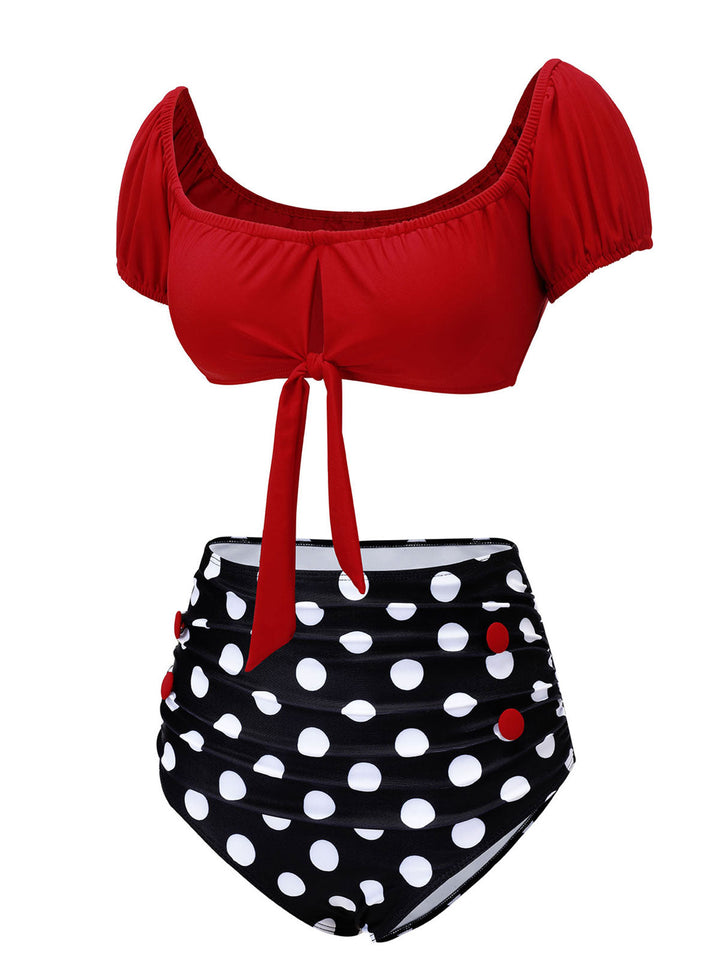 1950s Red &amp; Black Polka Dot Halter Swimsuit, vintage swimsuit, pin-up swimwear - perfect for women who love vintage and retro fashion