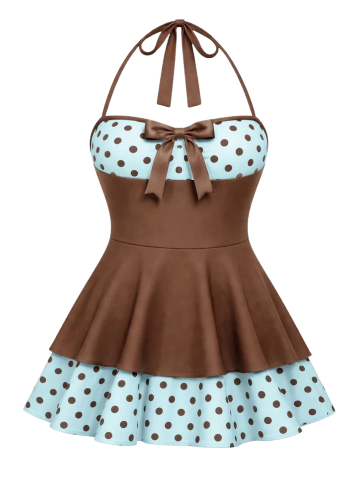 [Pre-Sale] Black 1940s Polka Dots Patchwork Halter Swimdress, vintage dress, retro fashion - perfect for women who love vintage and retro fashion