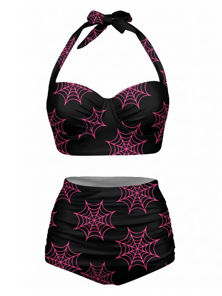 Black Floral Print Lace-Up Halter Swimsuit, vintage swimsuit, swimwear - perfect for women who love vintage and retro fashion