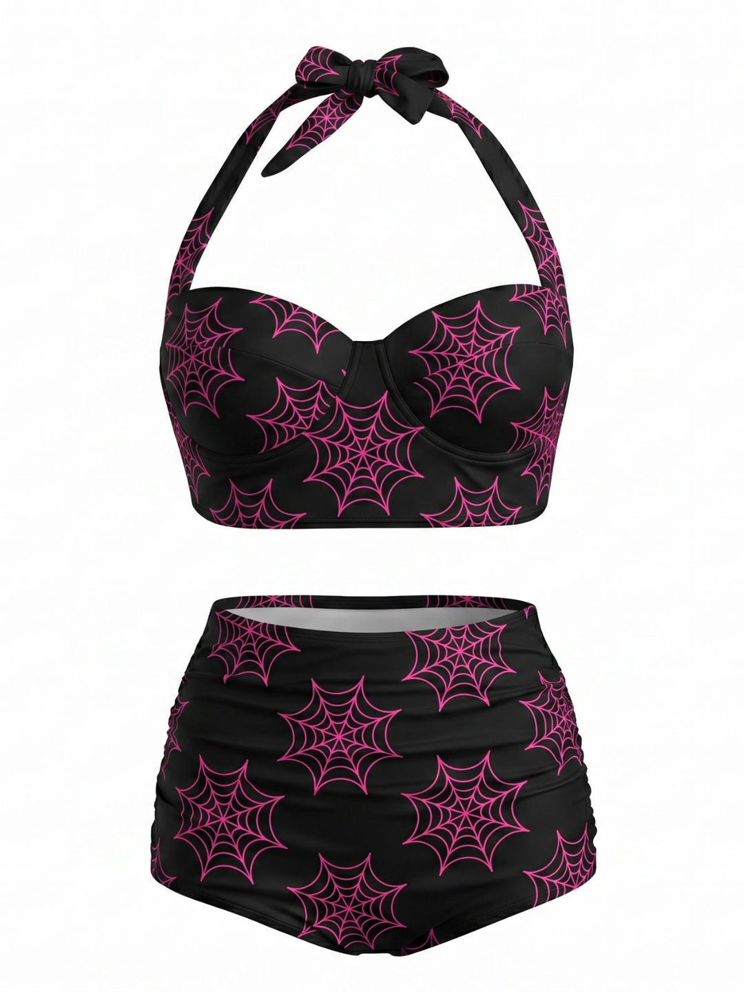 Black Floral Print Lace-up Halter Swimsuit