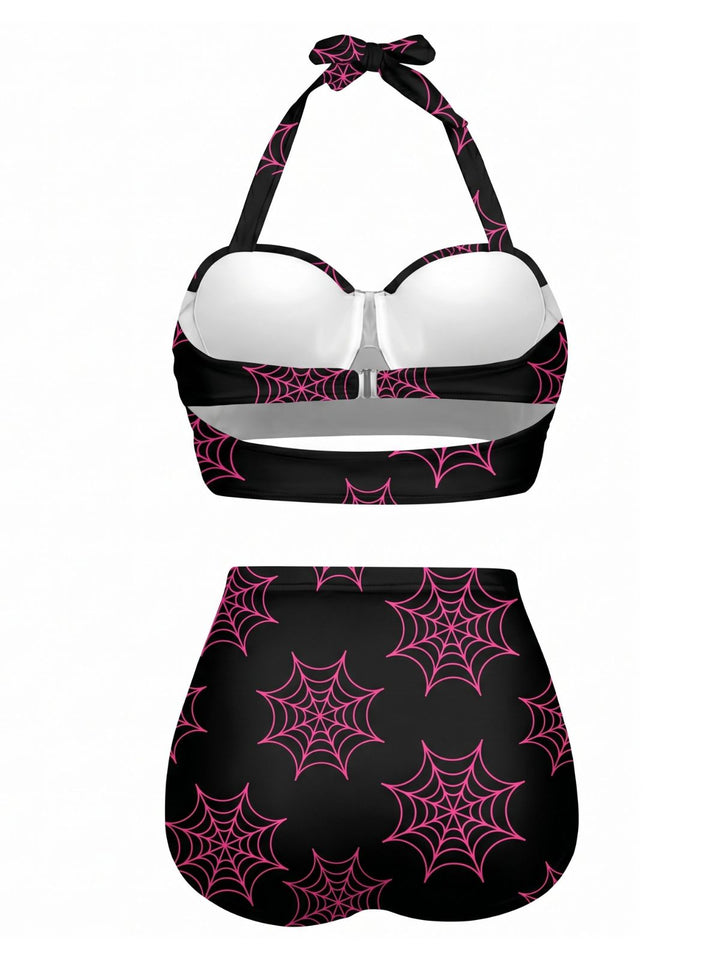 Black Floral Print Lace-Up Halter Swimsuit, vintage swimsuit, swimwear - perfect for women who love vintage and retro fashion