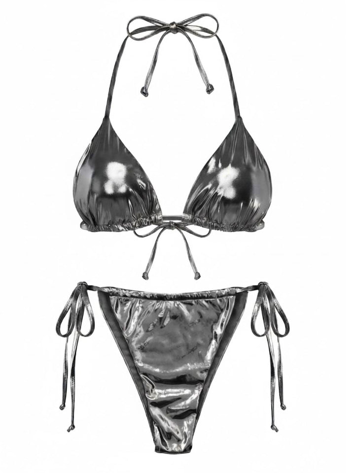 1970s Solid Halter Metallic Bikini Set, vintage swimsuit, pin-up swimwear - perfect for women who love vintage and retro fashion