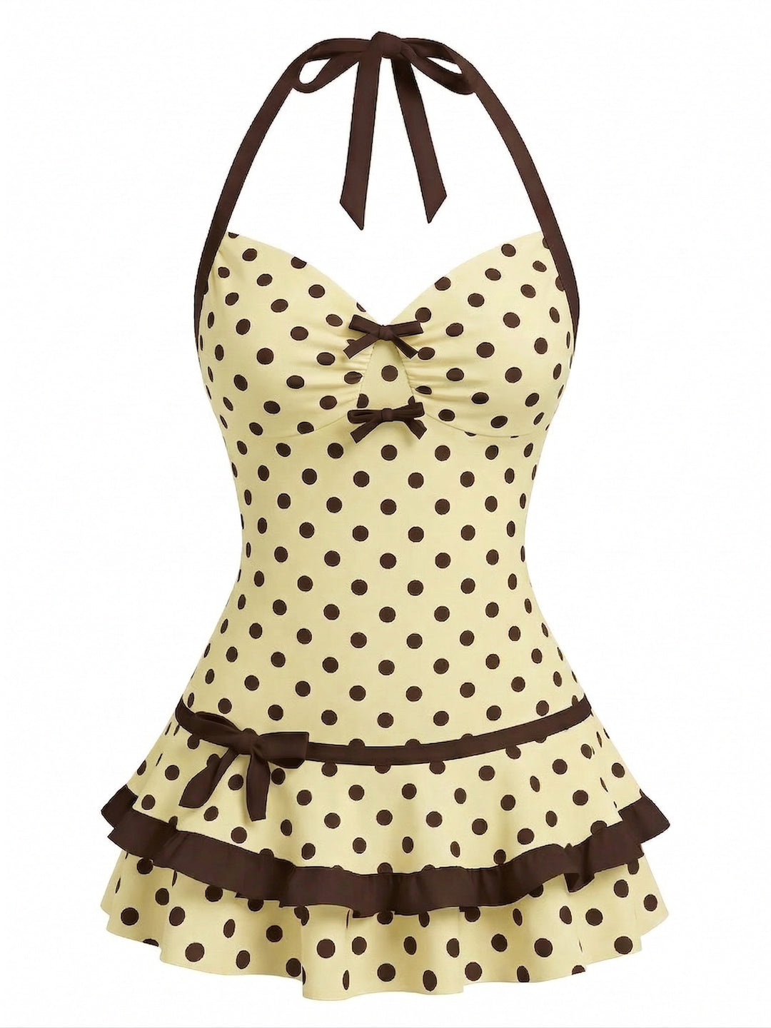 [Pre-Sale] Cream Halter Bow Polka Dot Swim Dress - vintage dress, retro fashion for vintage lovers