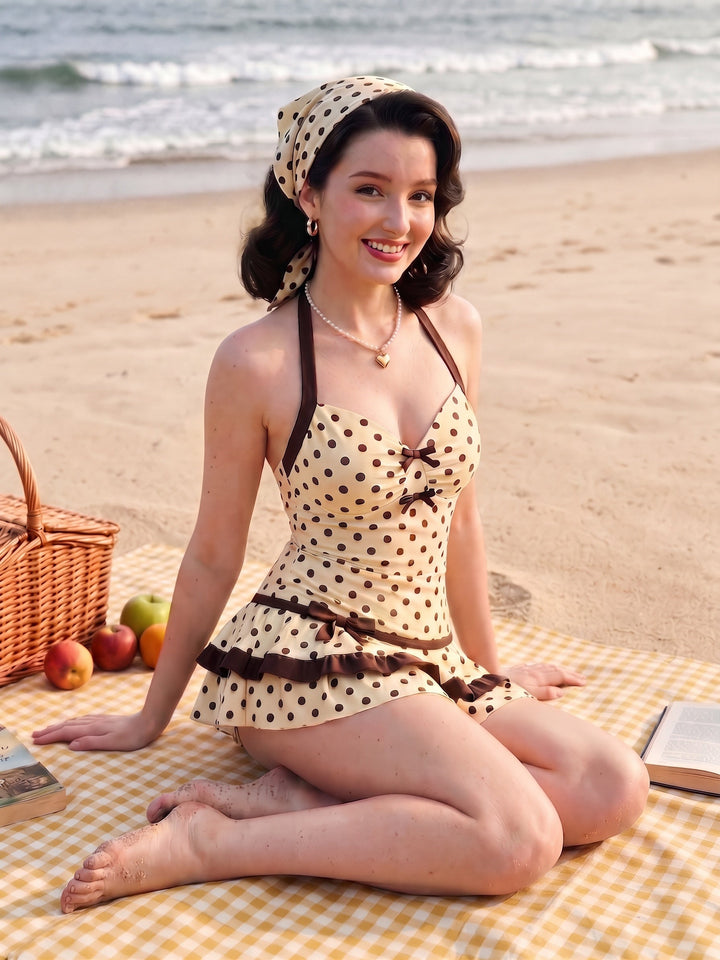 [Pre-Sale] Cream Halter Bow Polka Dot Swim Dress - vintage dress, retro fashion for vintage lovers