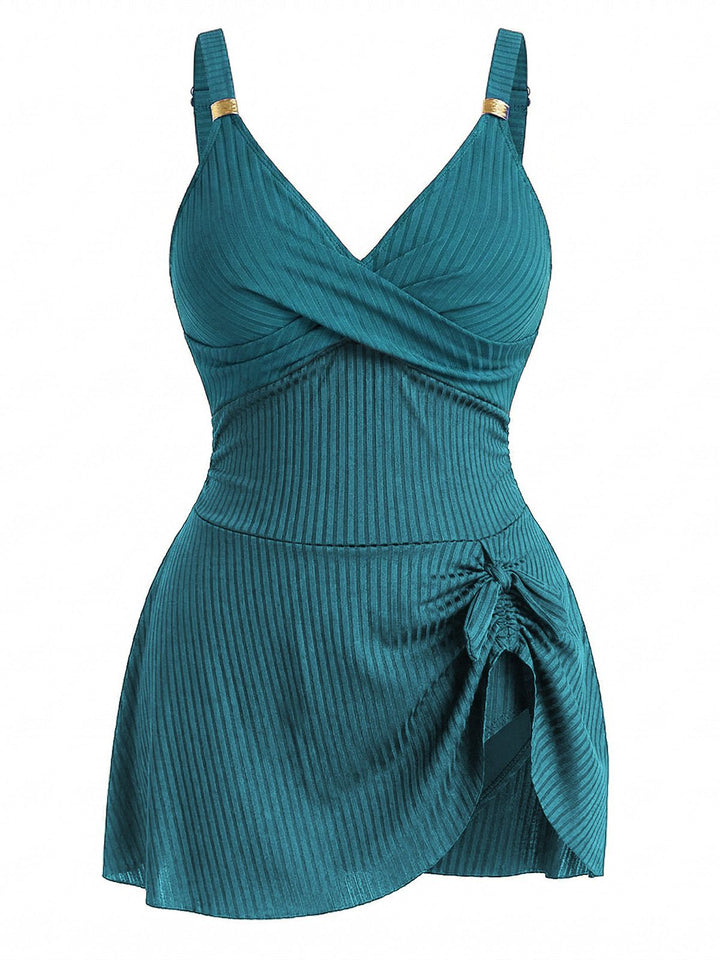 [Plus Size] 1930s Color Block Ribbed One-Piece Swimsuit