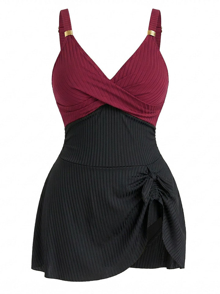[Plus Size] 1930s Color Block Ribbed One-Piece Swimsuit