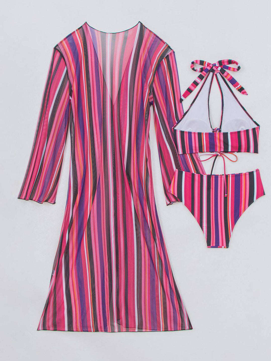 Vertical Stripe Lace-Up Bikini Set &amp; Cover-Up