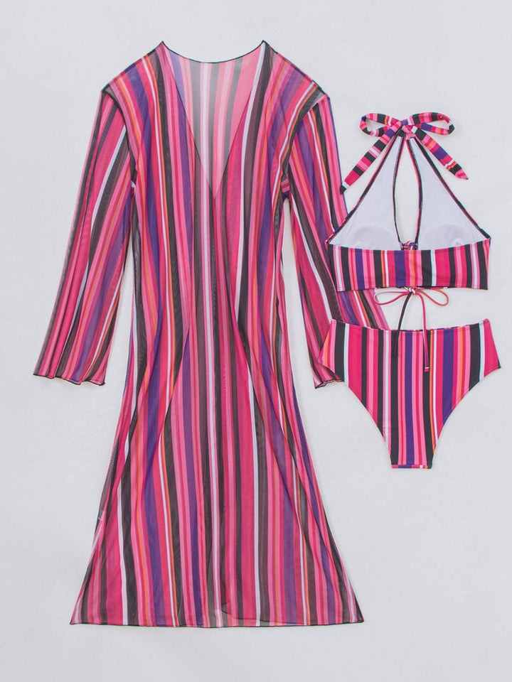 Vertical Stripe Lace-Up Bikini Set &amp; Cover-Up