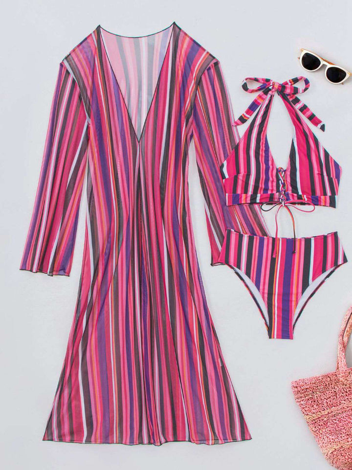 Vertical Stripe Lace-Up Bikini Set &amp; Cover-Up