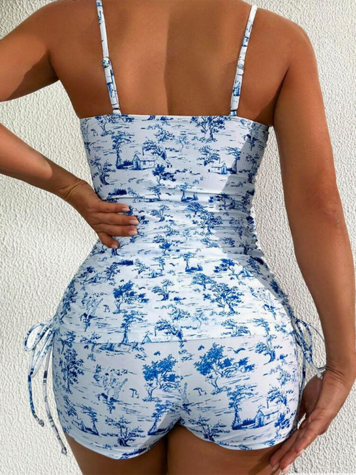 2PCS Blue Floral Pleated Tankini &amp; High-Waist Shorts, vintage fashion, retro style - perfect for women who love vintage and retro fashion