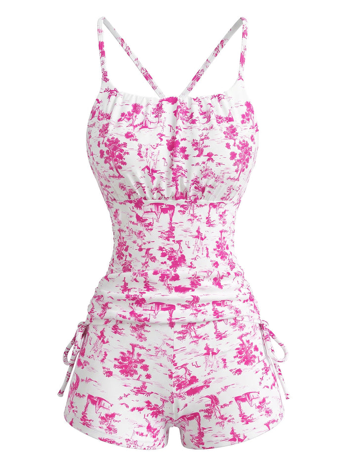 2PCS Blue Floral Pleated Tankini &amp; High-Waist Shorts, vintage fashion, retro style - perfect for women who love vintage and retro fashion