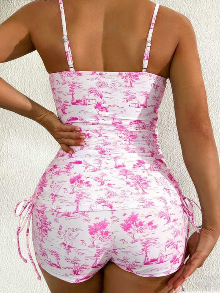 2PCS Blue Floral Pleated Tankini &amp; High-Waist Shorts, vintage fashion, retro style - perfect for women who love vintage and retro fashion