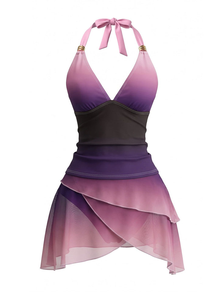Lavender Halter Ombre Ruched Tankini Set, vintage fashion, retro style - perfect for women who love vintage and retro fashion