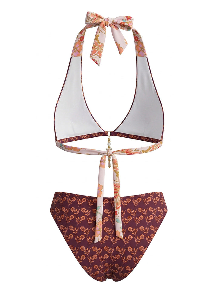 Brown Reversible Flower Halter Bikini Set, vintage swimsuit, swimwear - perfect for women who love vintage and retro fashion