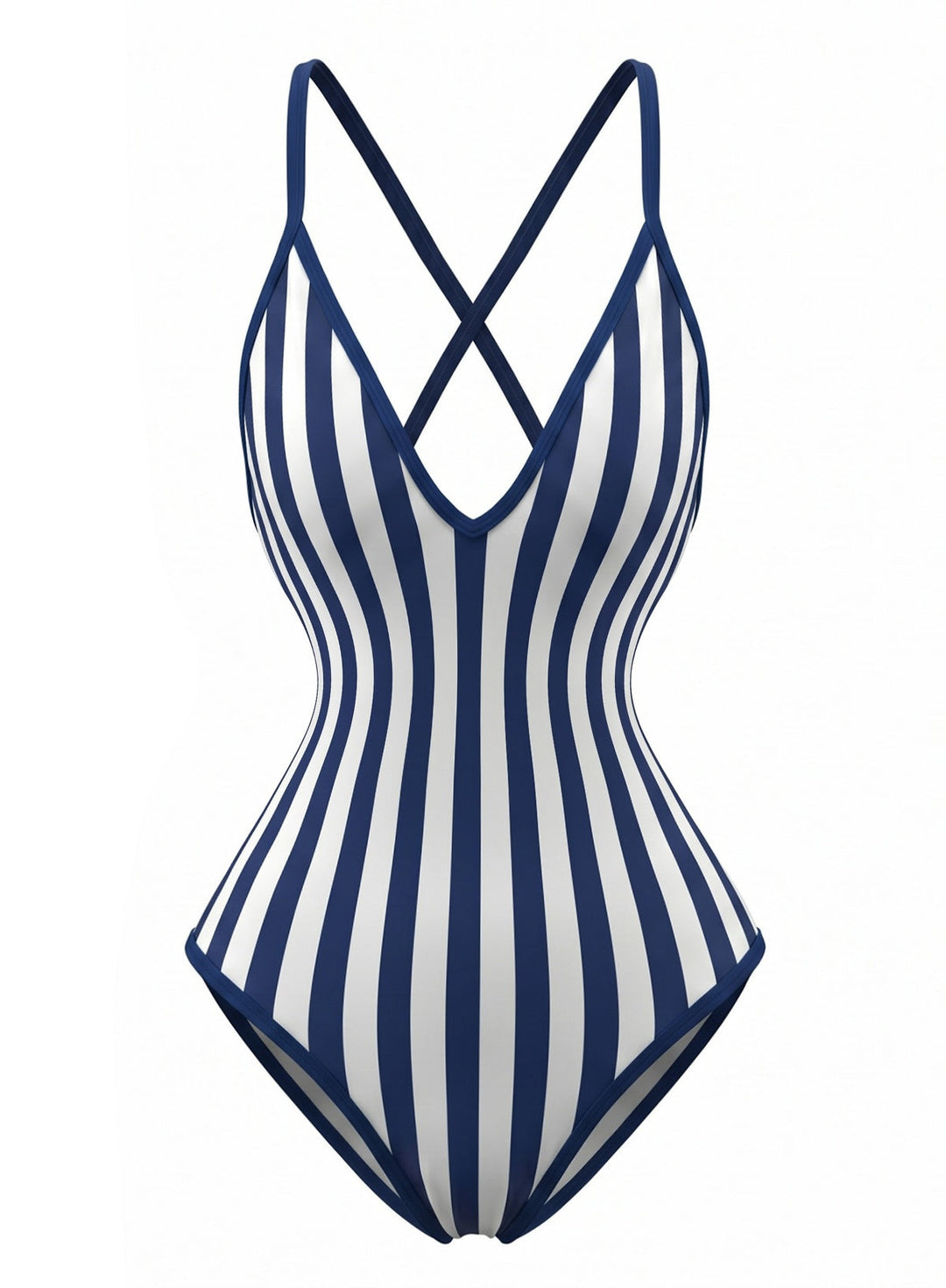 Navy Print Striped Fitted One Piece Swimsuit