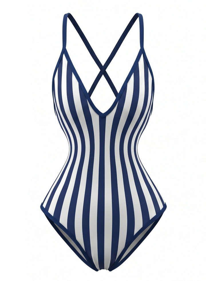 Navy Print Striped Fitted One Piece Swimsuit