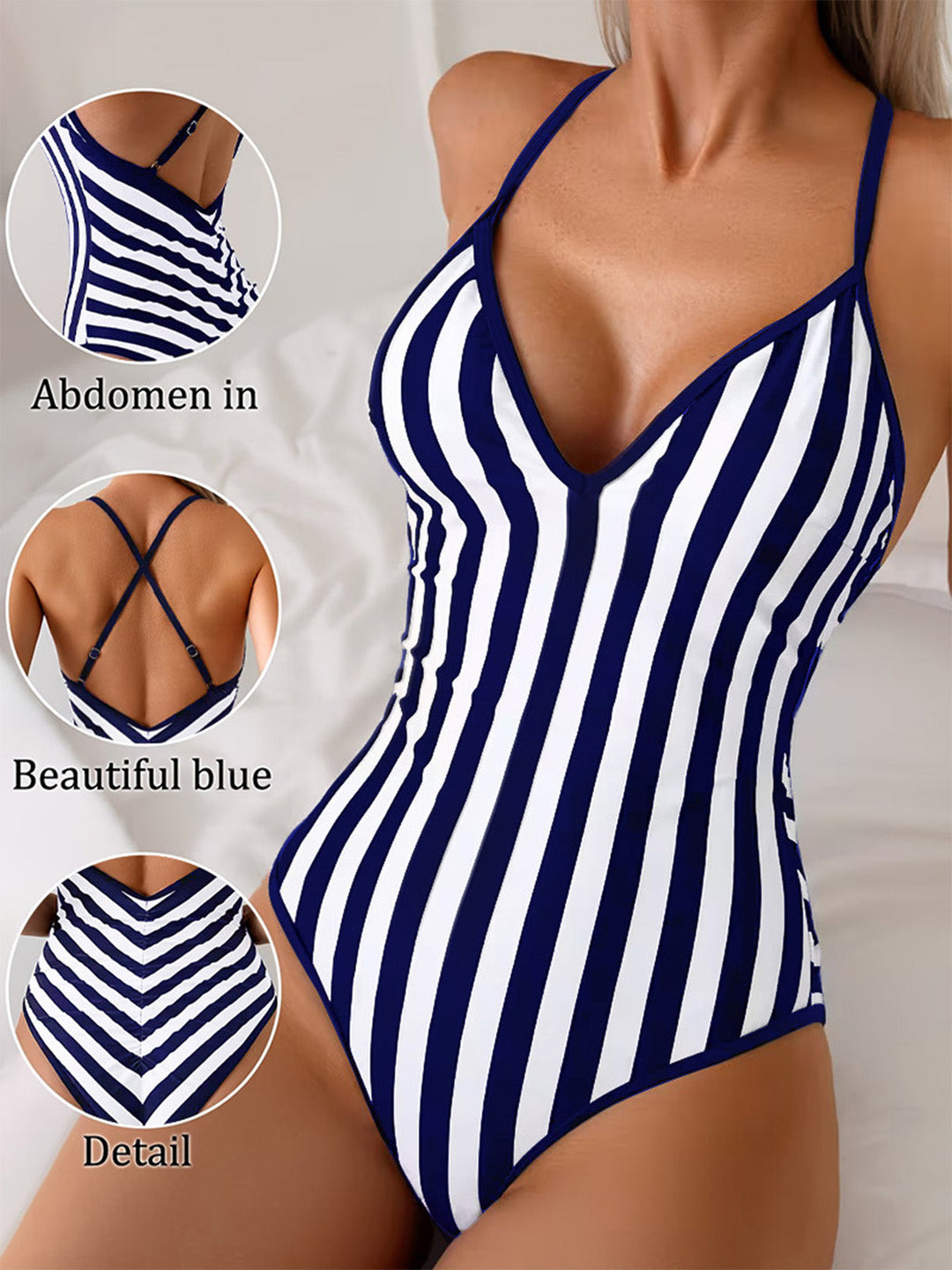 Navy Print Striped Fitted One Piece Swimsuit 4