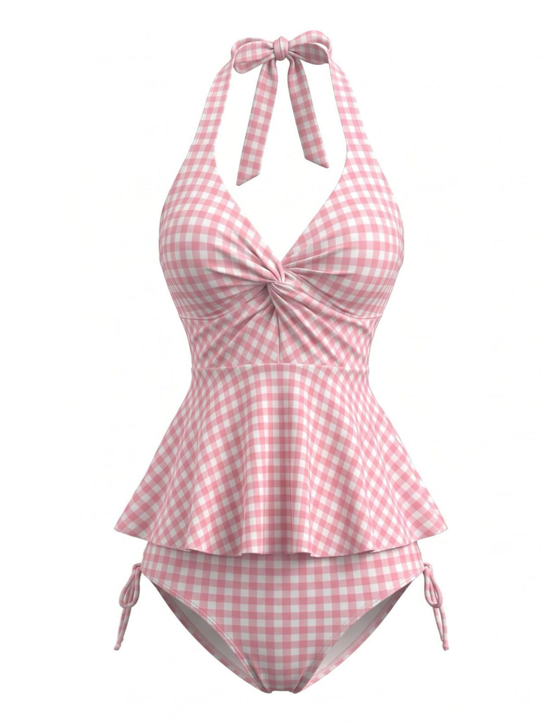 Pink Gingham Halter Ruffled Tankini Set