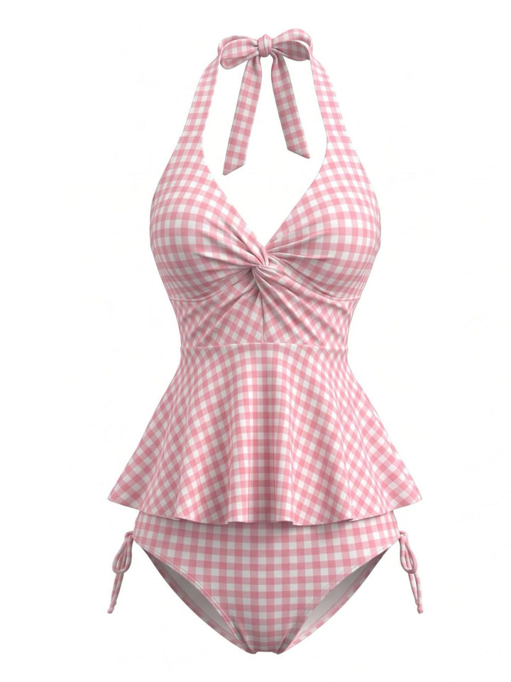 Pink Gingham Halter Ruffled Tankini Set