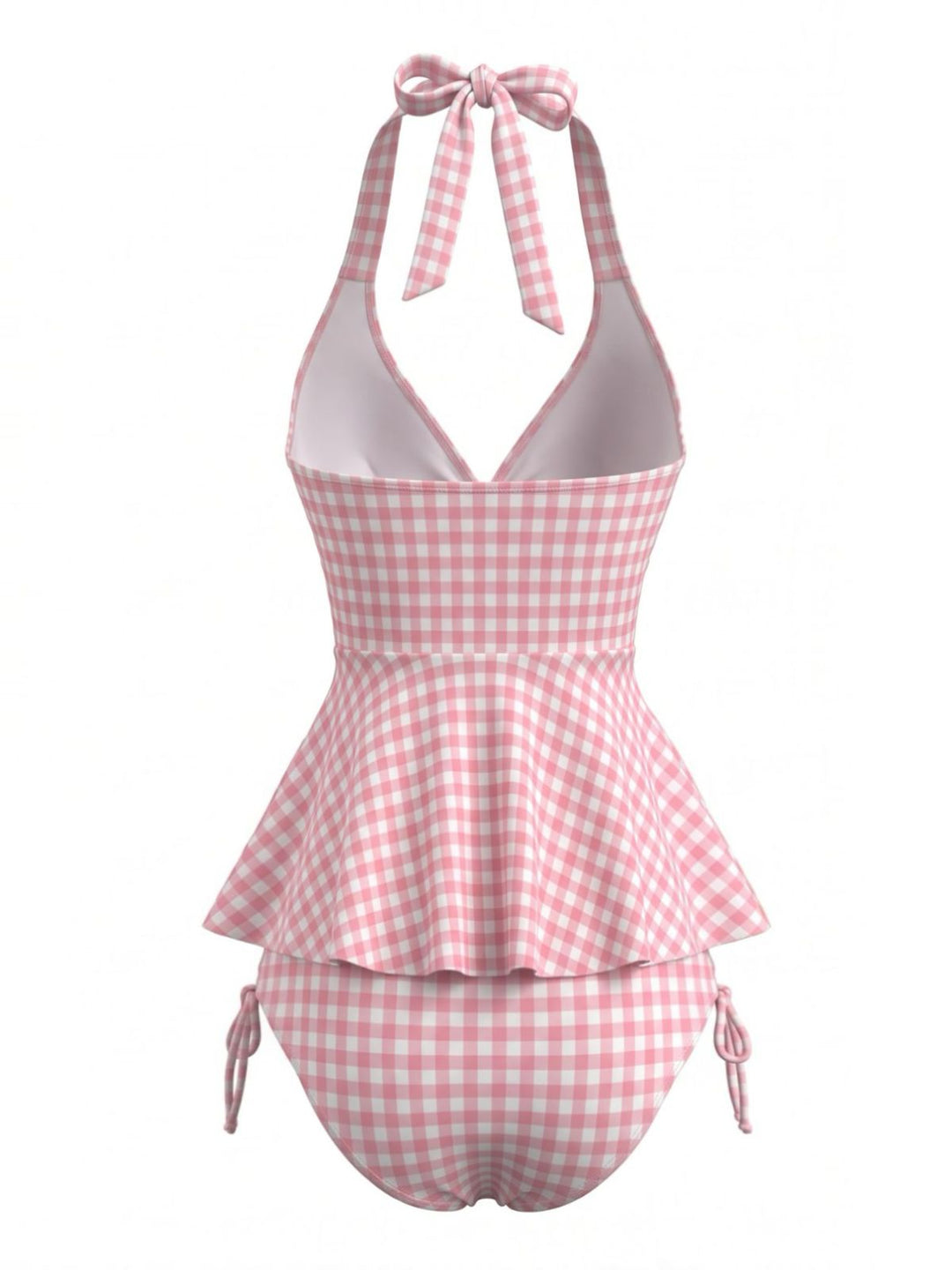 Pink Gingham Halter Ruffled Tankini Set