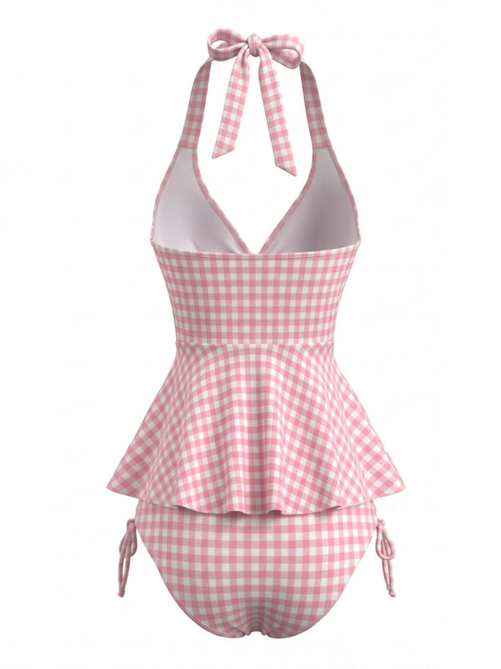 Pink Gingham Halter Ruffled Tankini Set