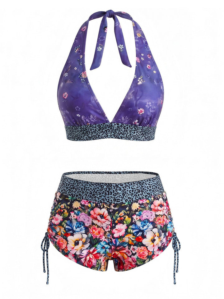 Multicolor Sugar Skull Halter Gothic Bikini Set, vintage swimsuit, swimwear - perfect for women who love vintage and retro fashion