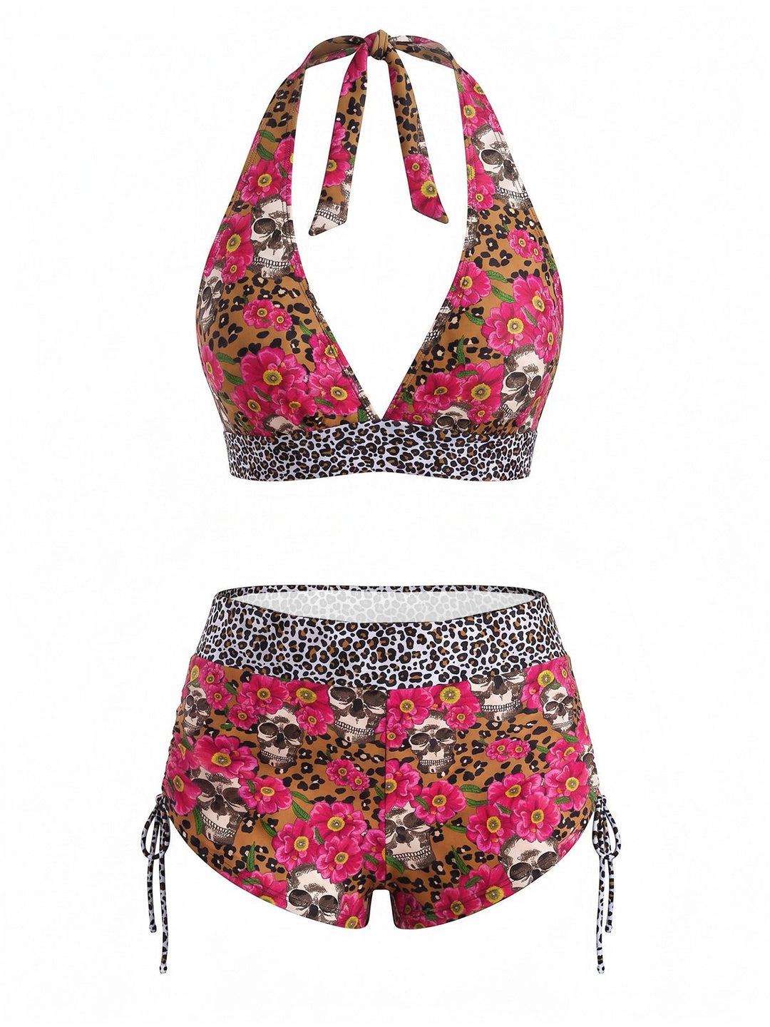 Multicolor Sugar Skull Halter Gothic Bikini Set, vintage swimsuit, swimwear - perfect for women who love vintage and retro fashion