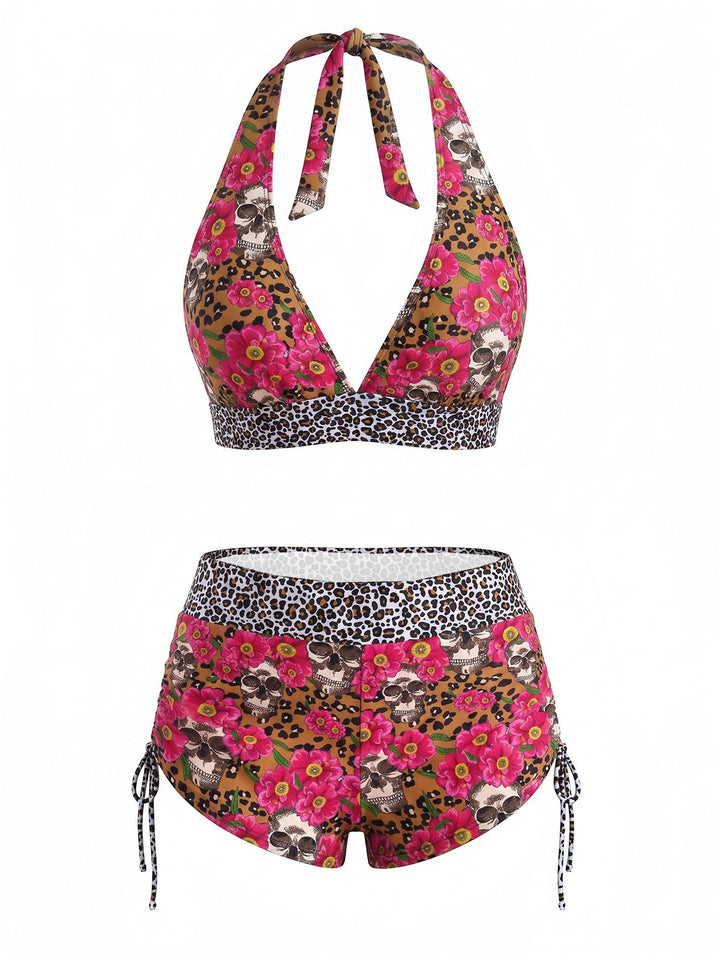 Multicolor Sugar Skull Halter Gothic Bikini Set, vintage swimsuit, swimwear - perfect for women who love vintage and retro fashion